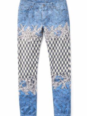 Baroque Geometric Stretch Jeans Mens Size 33 Blue Slim Fit Y2K Novelty Denim